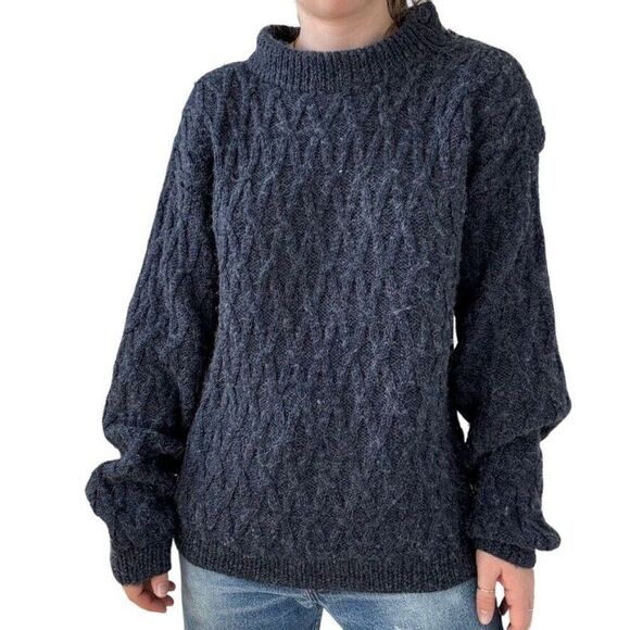 Hand Knit Womens Alpaca Navy Blue Cable Knit Chunky Oversized Fisherman Sweater - Picture 2 of 8